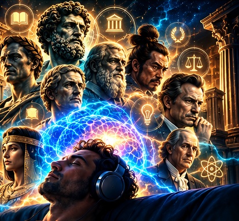 Bright cinematic montage of classical thinkers, strategists, creators and a modern listener
