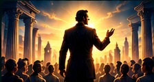 Leader addressing people in a luminous city