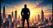 Modern figure looking over a city at sunrise